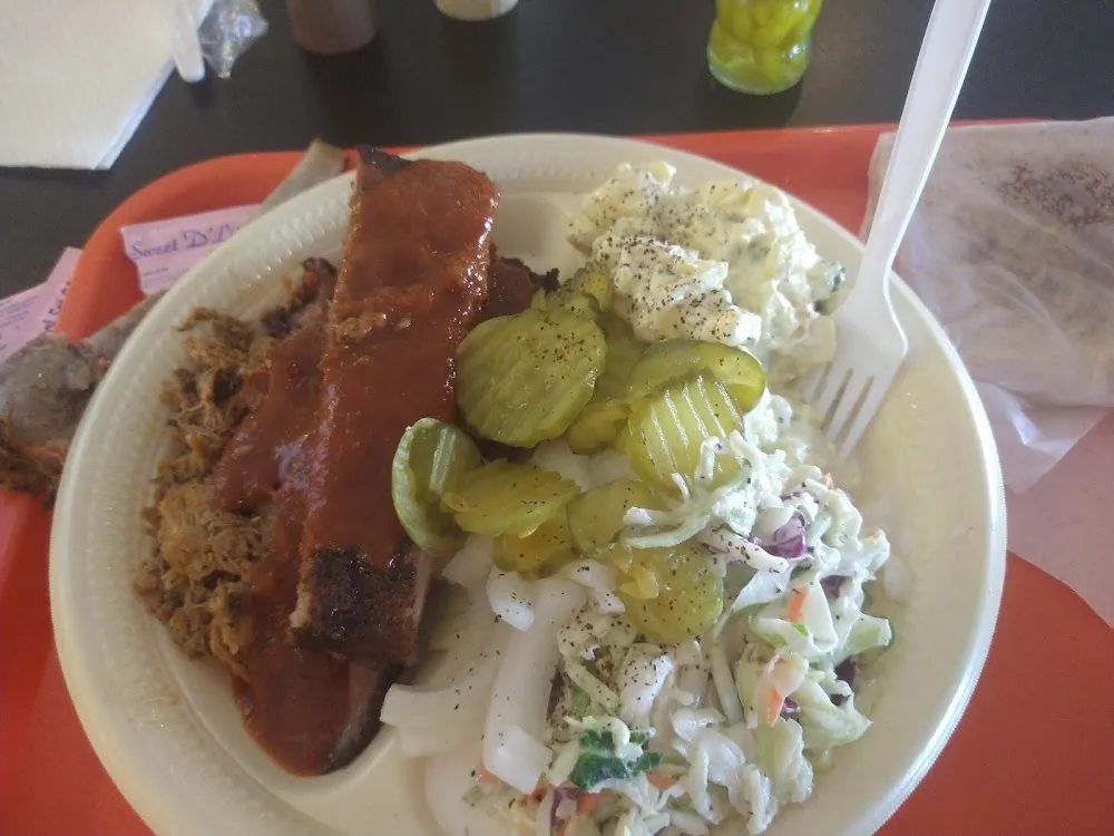Three Meat Ribs Pulled Pork and Brisket with Potato Salad and Coleslaw